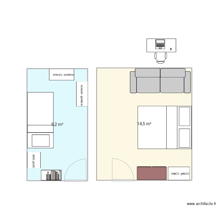 Chambres aménagées. Plan de 2 pièces et 24 m2