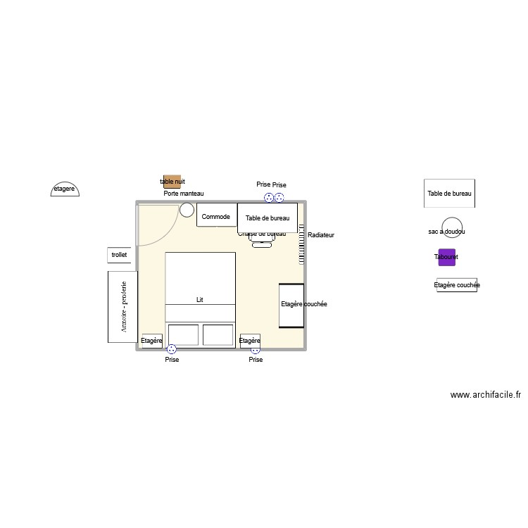 Chambre . Plan de 1 pièce et 9 m2