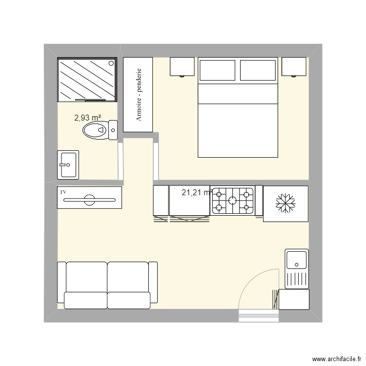 M 5X5. Plan de 2 pièces et 24 m2