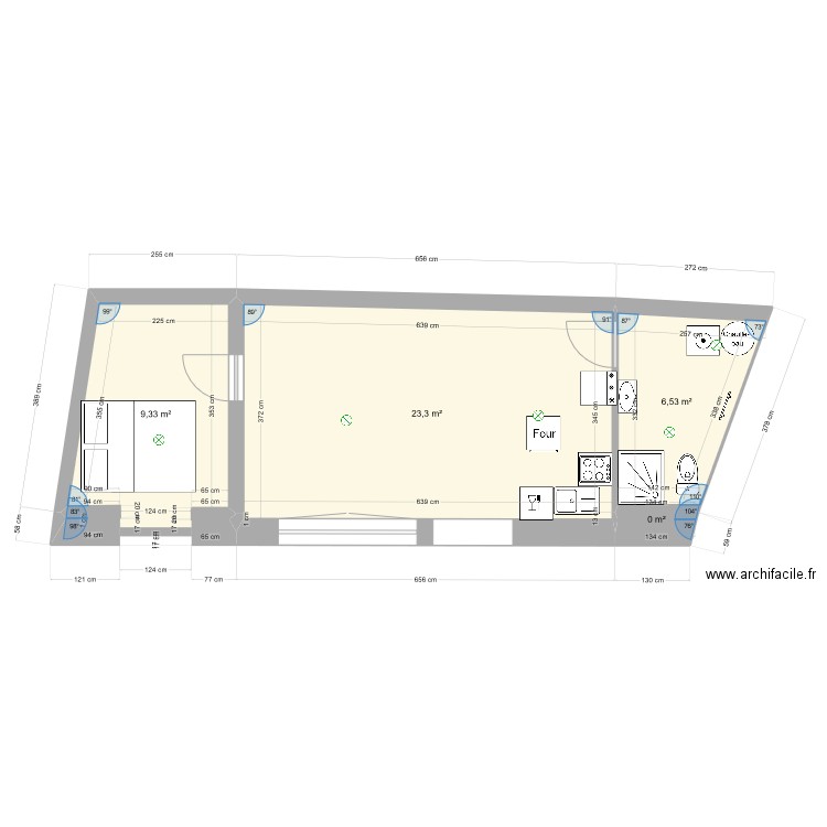 RDC. Plan de 4 pièces et 39 m2