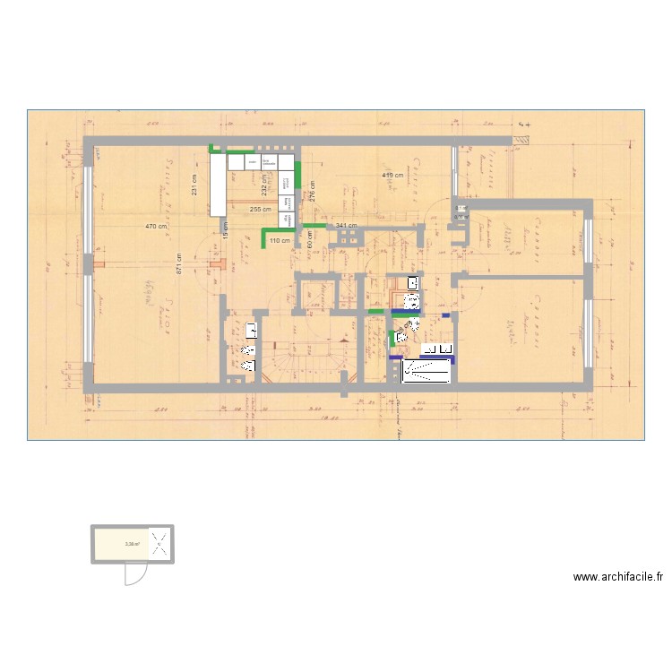 max_origine_Cugina_WC_angolo. Plan de 3 pièces et 4 m2