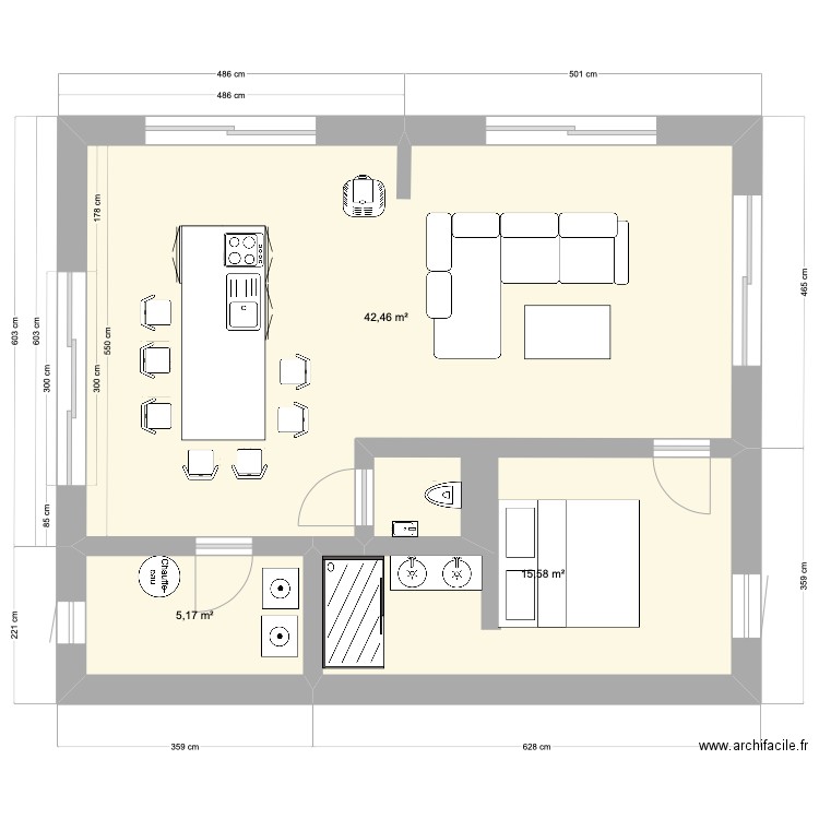 Atelier Avec épaisseur des murs . Plan de 3 pièces et 63 m2