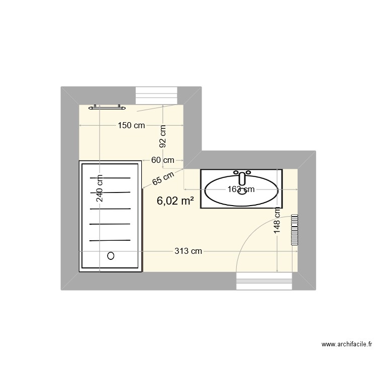 grande sdb. Plan de 1 pièce et 6 m2