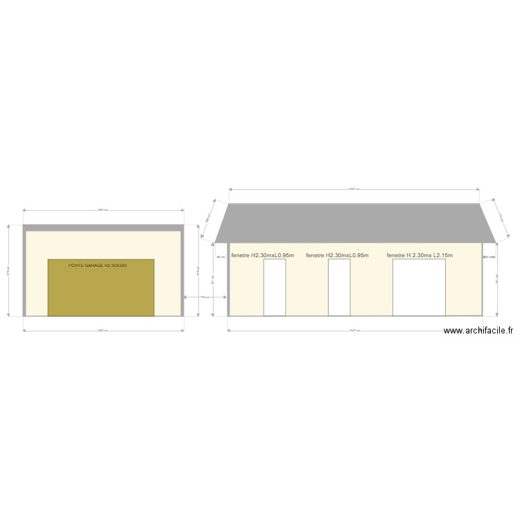 maison coté sud existant. Plan de 3 pièces et 70 m2