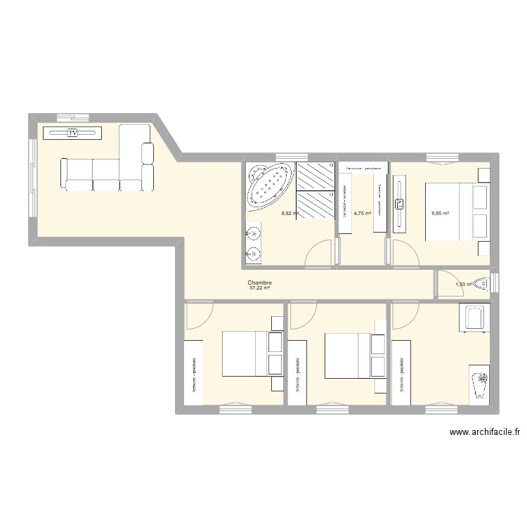 Agrandissement . Plan de 5 pièces et 82 m2