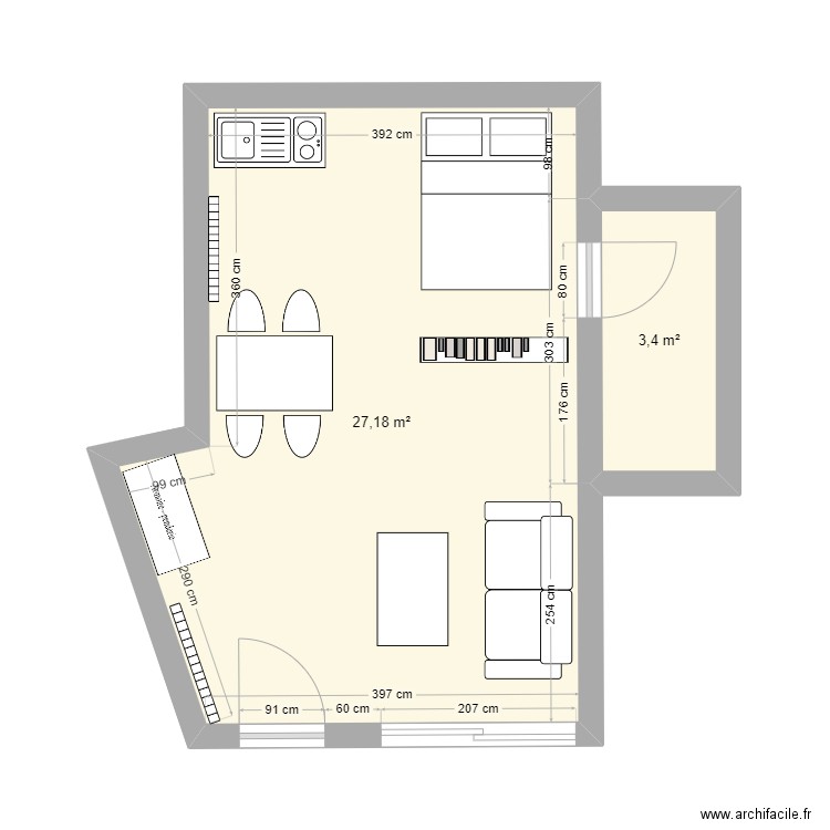 Studio meublé . Plan de 2 pièces et 31 m2