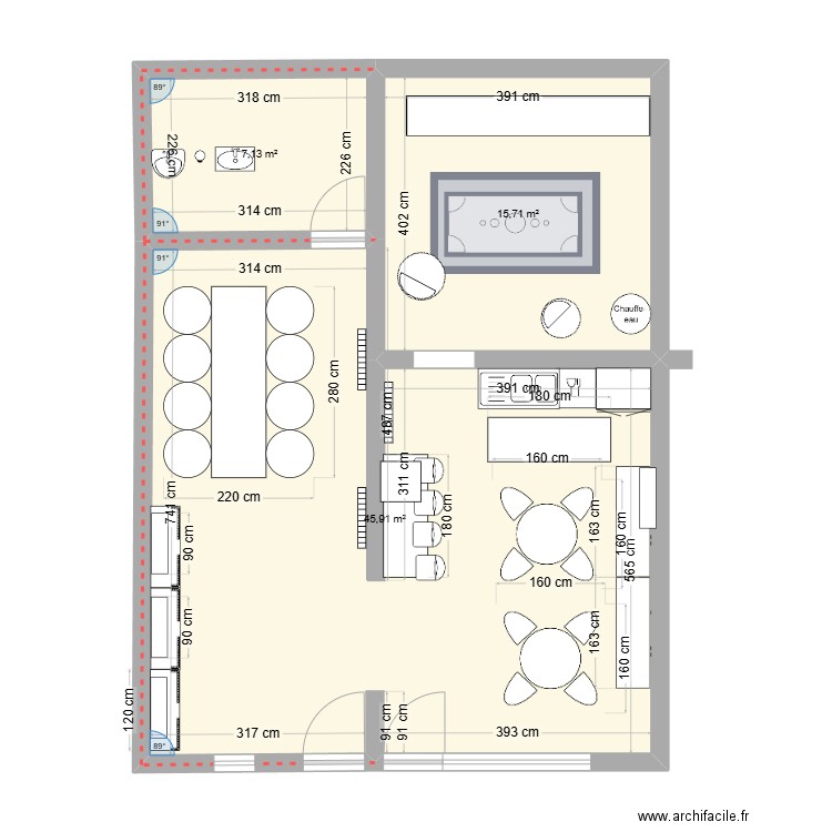 café artistique. Plan de 3 pièces et 69 m2