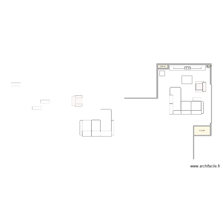 Canapé. Plan de 3 pièces et 1 m2