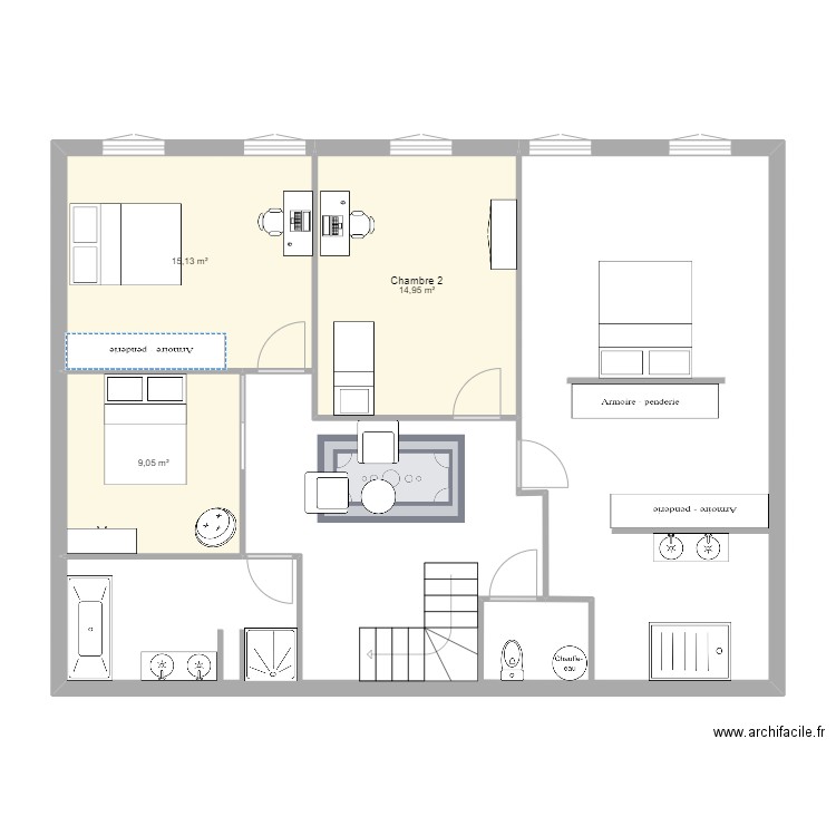 ETAGE. Plan de 3 pièces et 39 m2