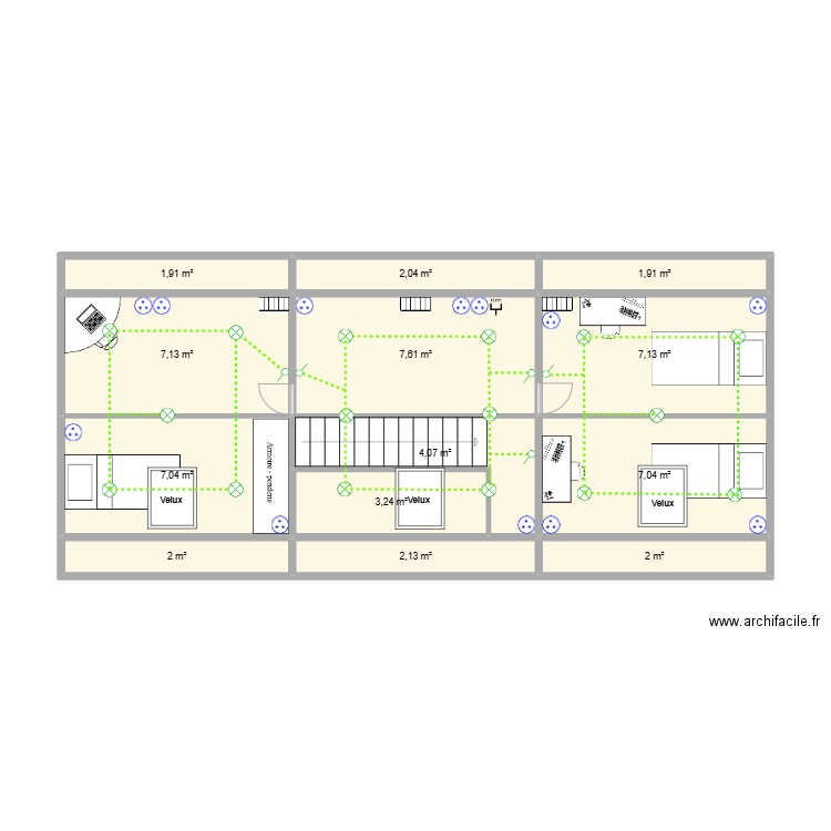 1 ETAGE. Plan de 23 pièces et 114 m2