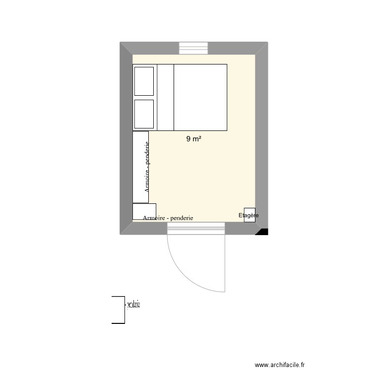 chambre parentale. Plan de 1 pièce et 9 m2