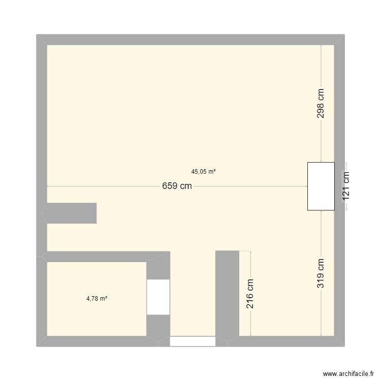 RDC. Plan de 2 pièces et 50 m2