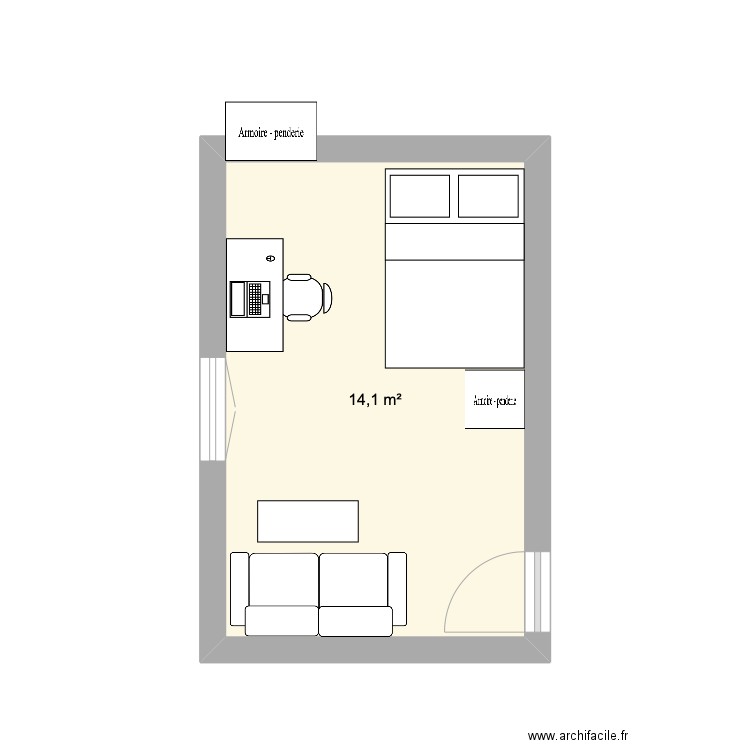 chambre. Plan de 1 pièce et 14 m2