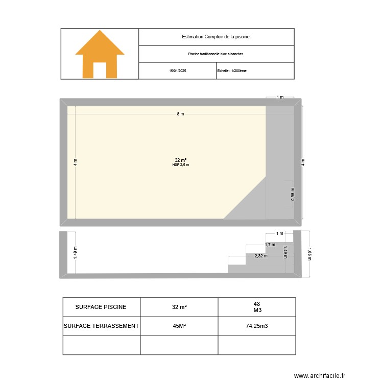 Plan en coupe piscine 8X4 SANS BAC. Plan de 1 pièce et 32 m2