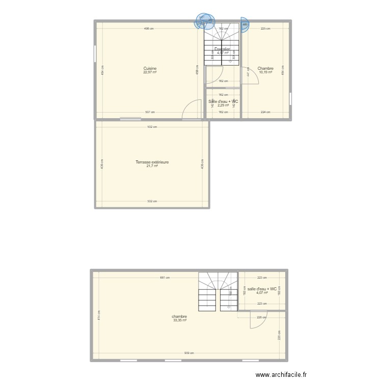 Crêperie Etage 1 et 2. Plan de 7 pièces et 100 m2