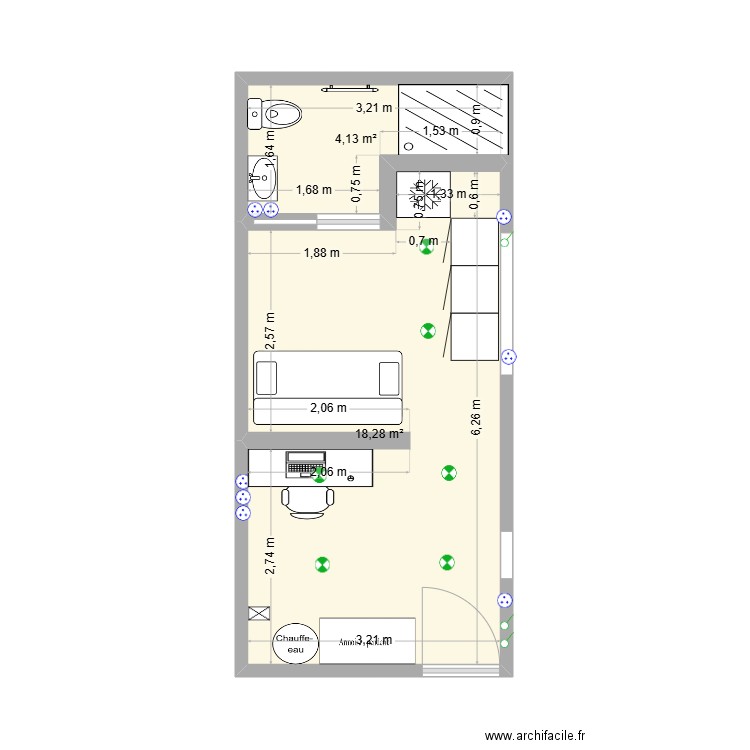 bureau 4. Plan de 2 pièces et 22 m2