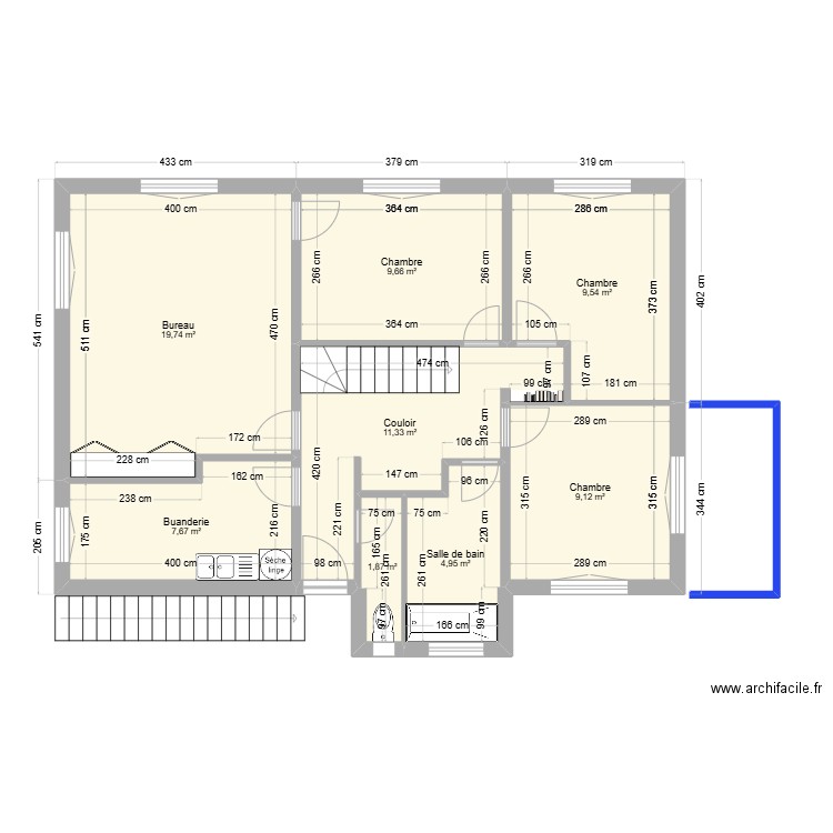 romilly-etage1-actuel. Plan de 8 pièces et 74 m2