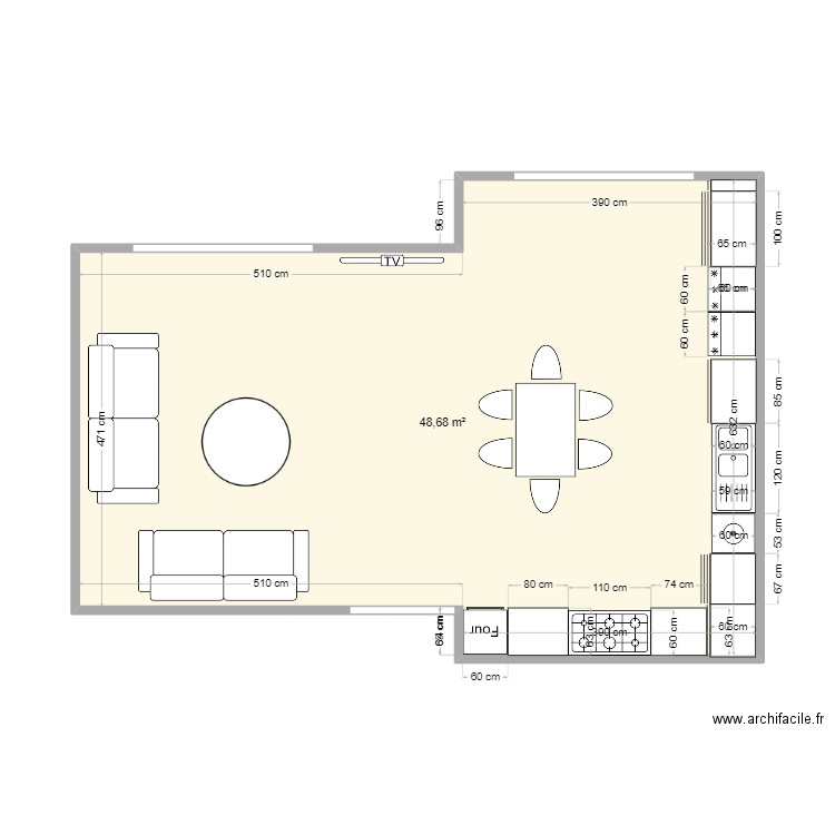 cuisine. Plan de 1 pièce et 49 m2