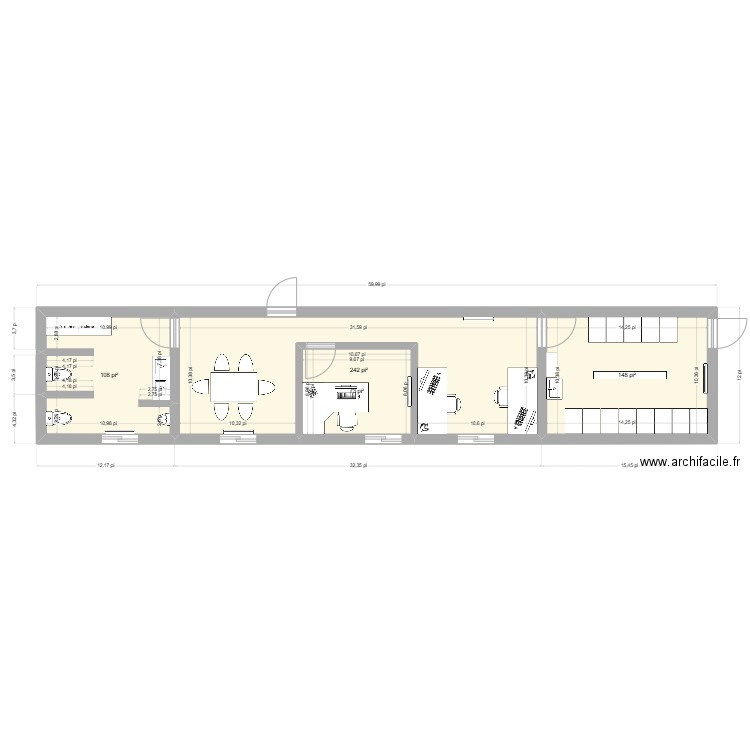 ROULOTTE DE CHANTIER 2. Plan de 4 pièces et 53 m2