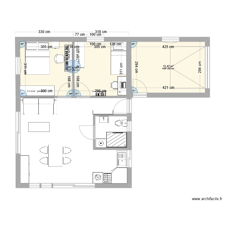 chalet. Plan de 3 pièces et 53 m2