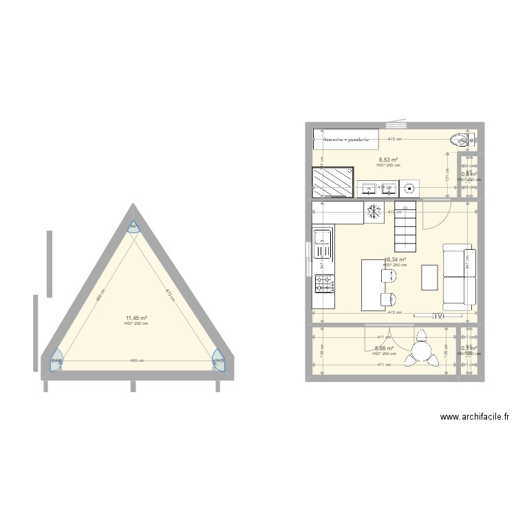 a frame folie. Plan de 6 pièces et 43 m2