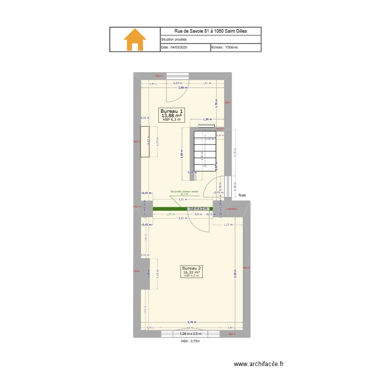 Savoie 81 Cloison. Plan de 2 pièces et 30 m2