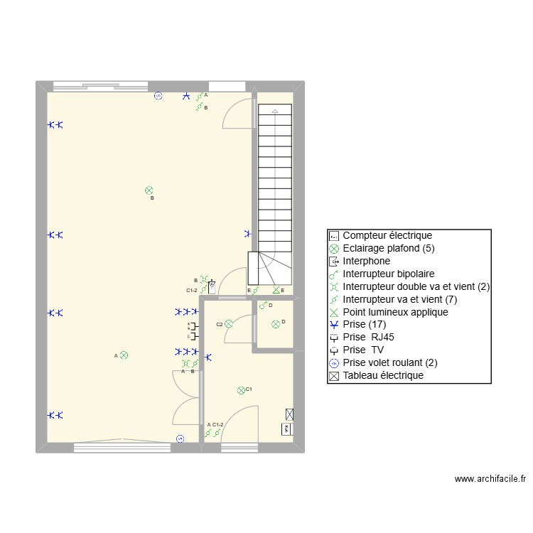 Living+entrée+wc (électricité). Plan de 3 pièces et 50 m2