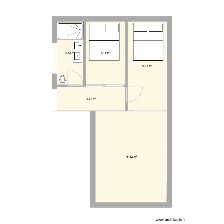 Chambres. Plan de 5 pièces et 45 m2