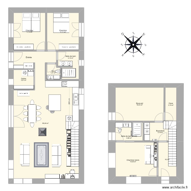 Miason longue. Plan de 12 pièces et 154 m2