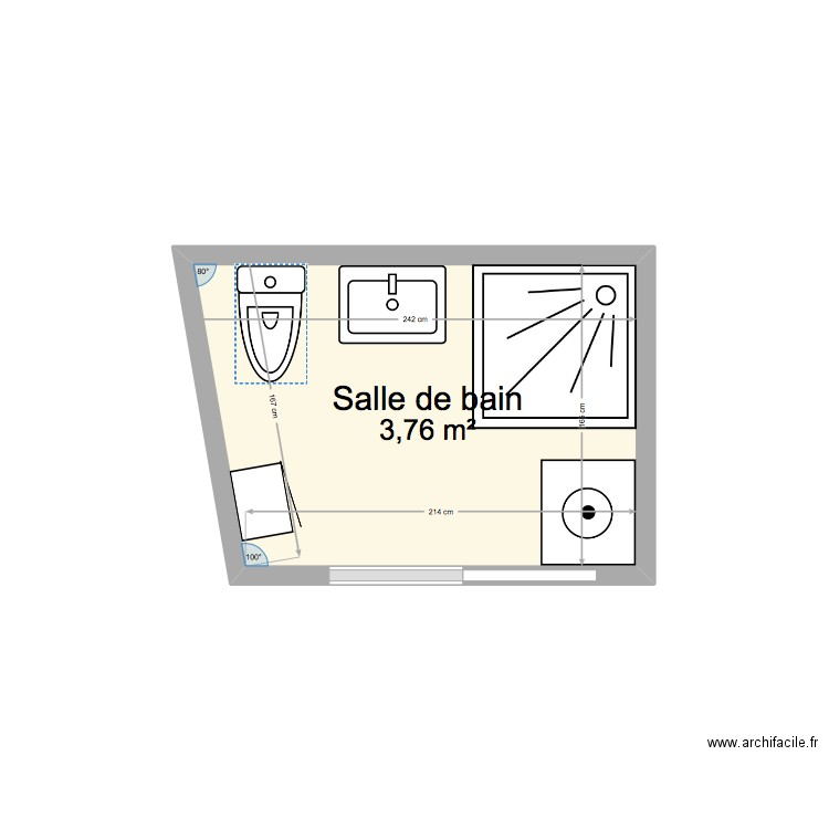 SDB Huerre. Plan de 1 pièce et 4 m2