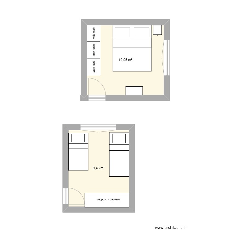 Chambre parentale. Plan de 2 pièces et 20 m2