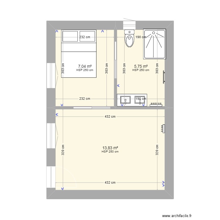 dependance lauzerville V1. Plan de 3 pièces et 27 m2