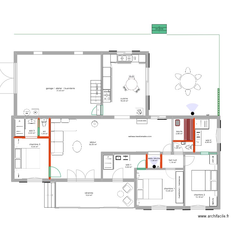 VF 2 avec cloisons. Plan de 15 pièces et 142 m2