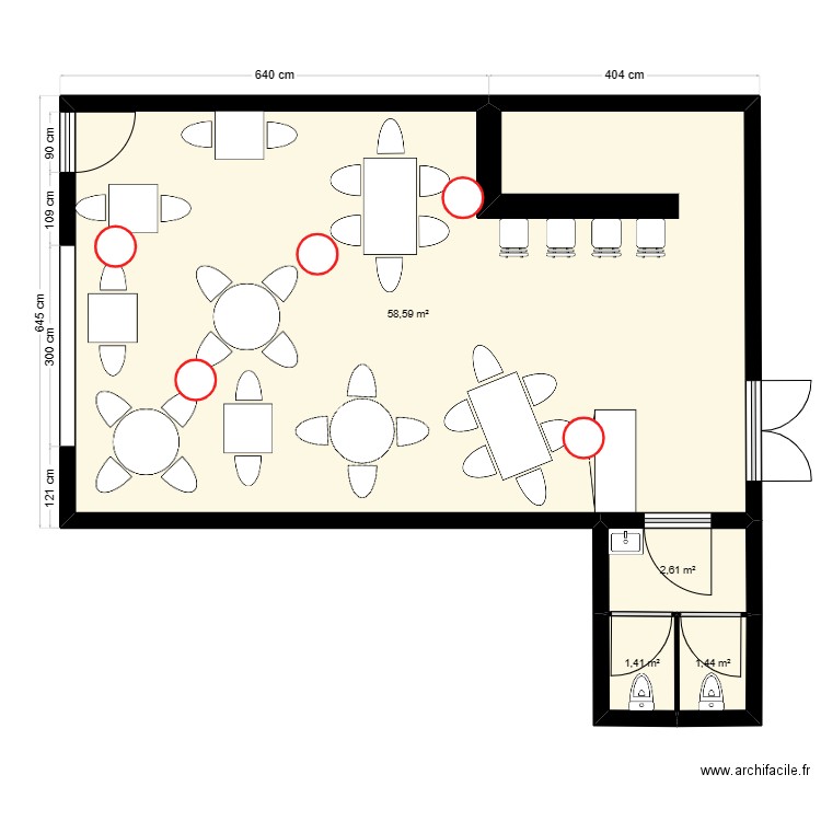 Plan DECEX03-D2 meublé zoné. Plan de 4 pièces et 64 m2