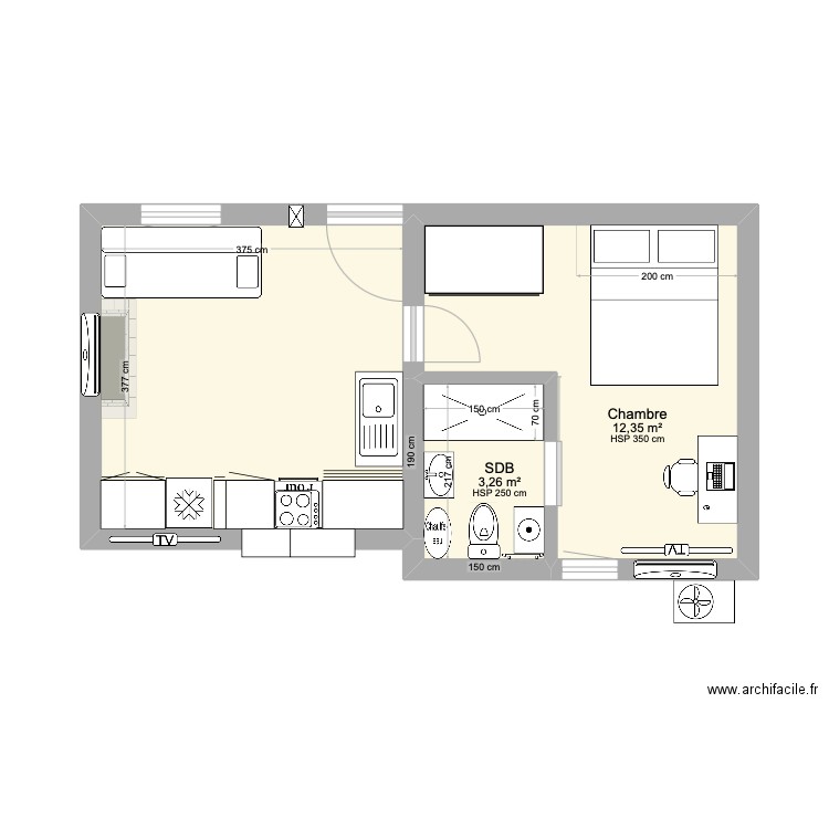 MDB 205 LOIRE. Plan de 3 pièces et 30 m2