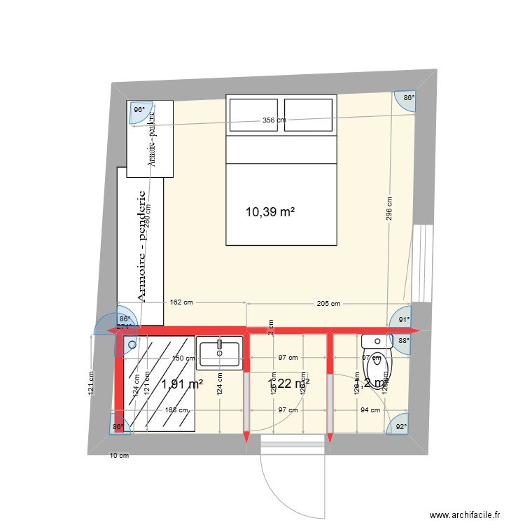 Chambre yoann salle d'eau V2. Plan de 4 pièces et 15 m2