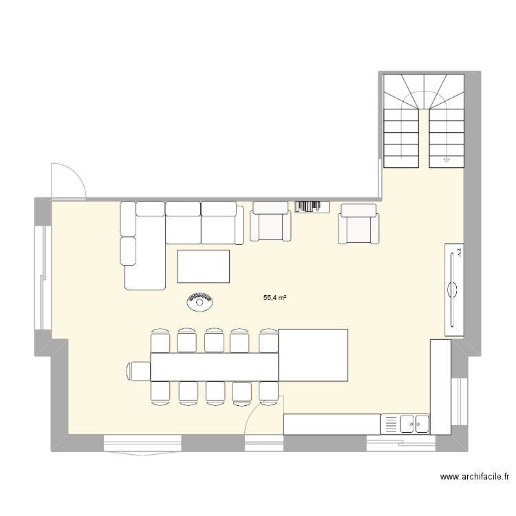 Salon-cuisine idée 2. Plan de 1 pièce et 55 m2