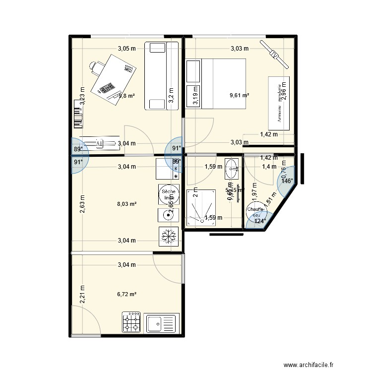 plan 0425. Plan de 5 pièces et 40 m2