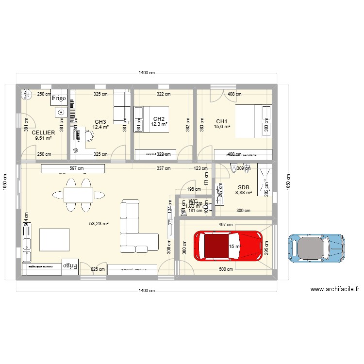 maison en longueur. Plan de 8 pièces et 129 m2