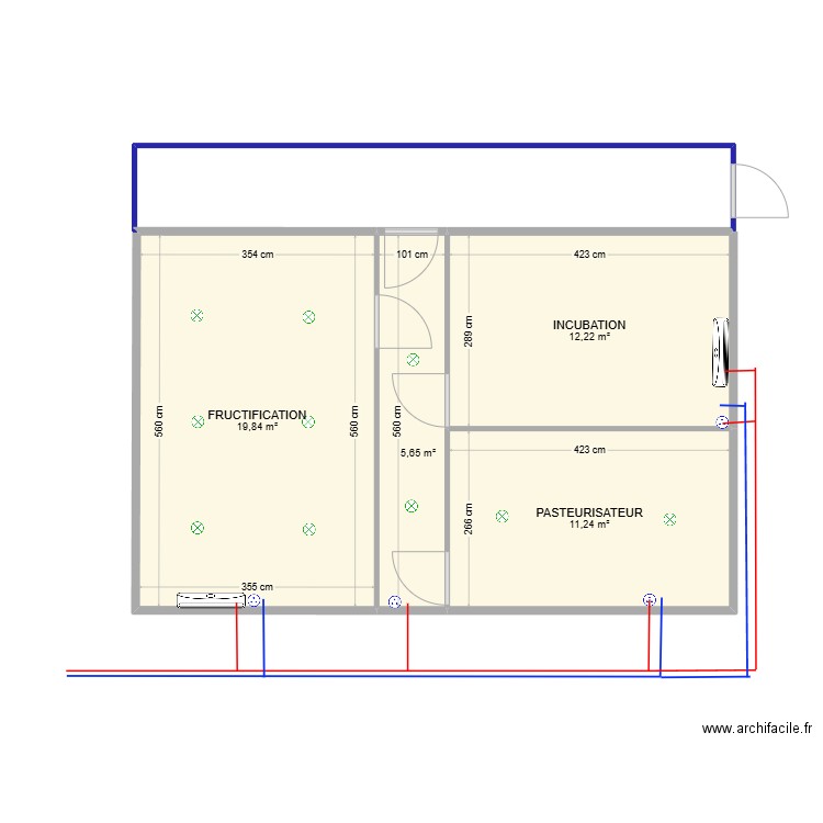 Batiment exterieur. Plan de 4 pièces et 49 m2