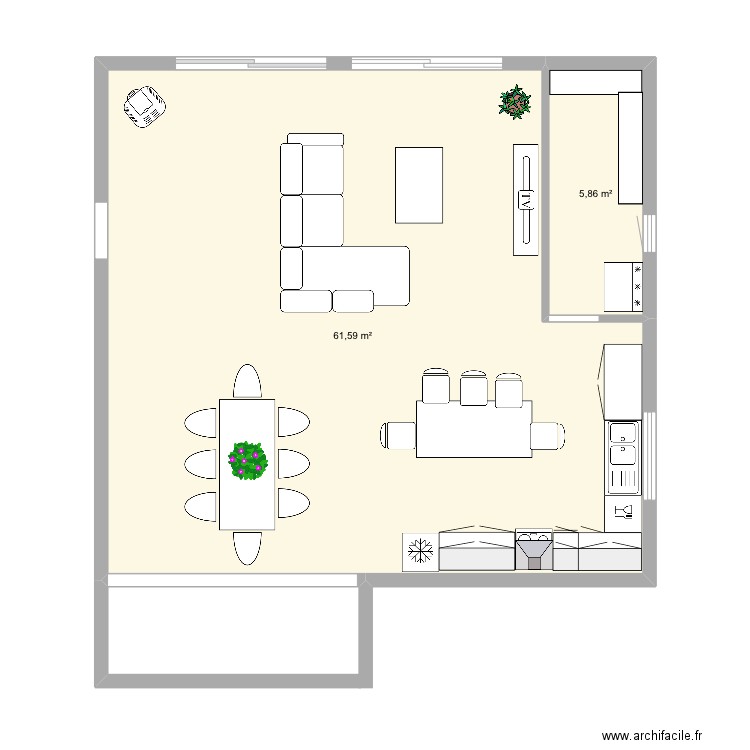 Pièce à vivre. Plan de 2 pièces et 67 m2