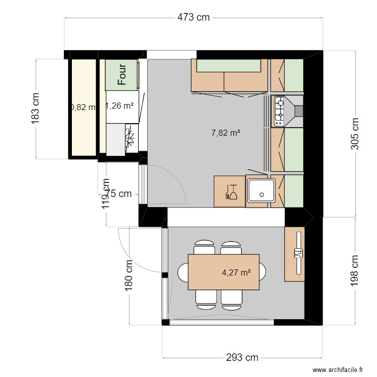 ameublement cuisine. Plan de 4 pièces et 14 m2