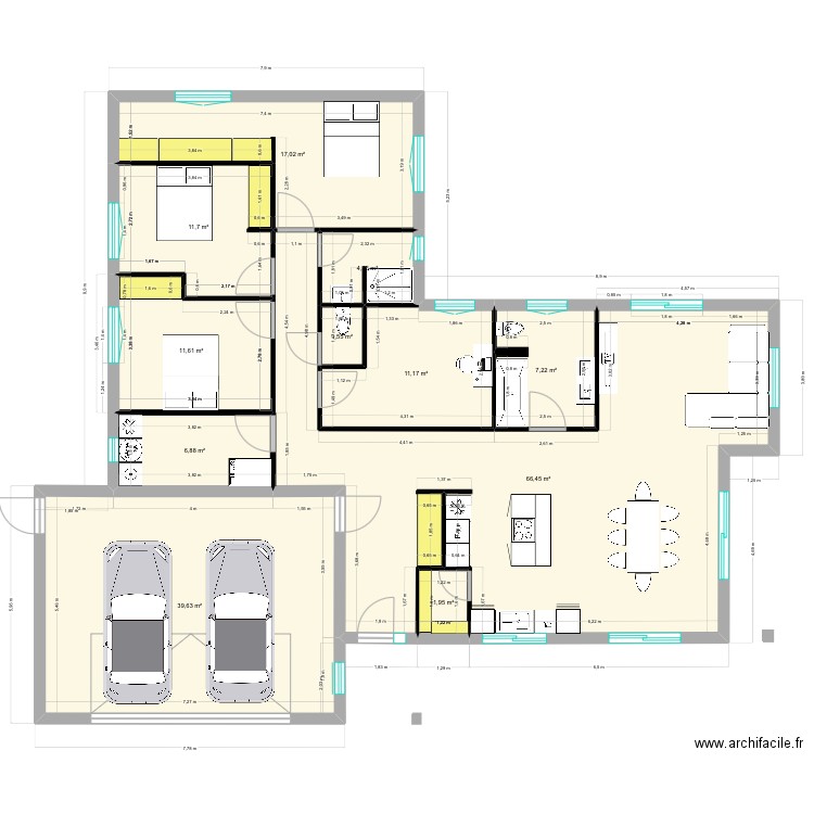 Maison L plain pied 145m2. Plan de 11 pièces et 179 m2