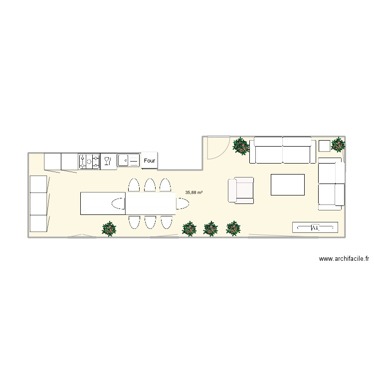 Cuisine salon. Plan de 1 pièce et 36 m2