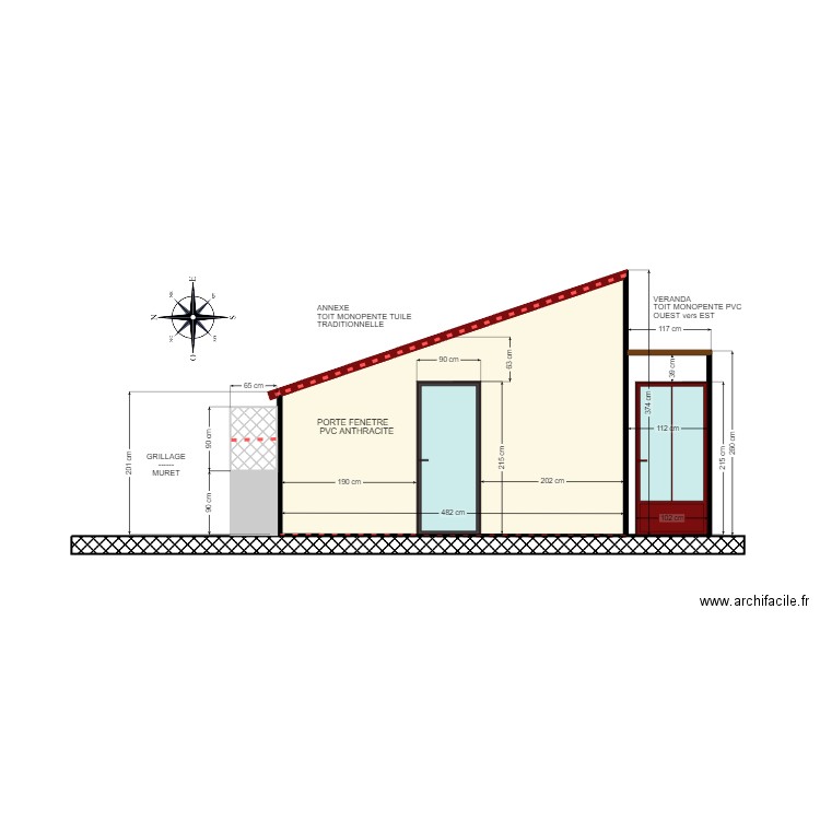 PLAN DE FACADE APRES PORTE FENETRE. Plan de 1 pièce et 13 m2