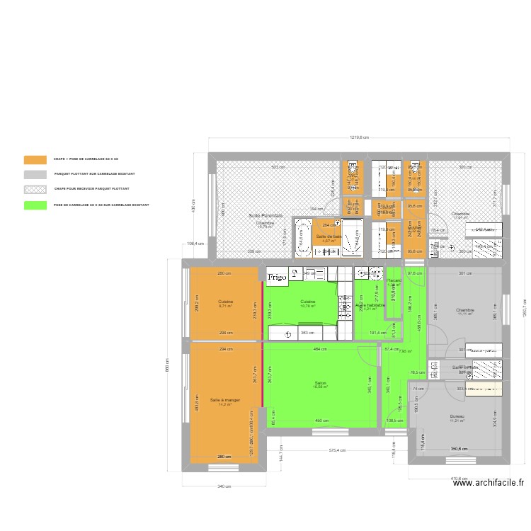 MOLLEGES T8  plan carrelage. Plan de 18 pièces et 132 m2