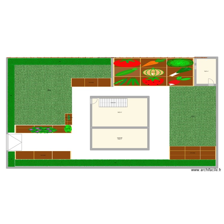 JARDIN. Plan de 3 pièces et 69 m2