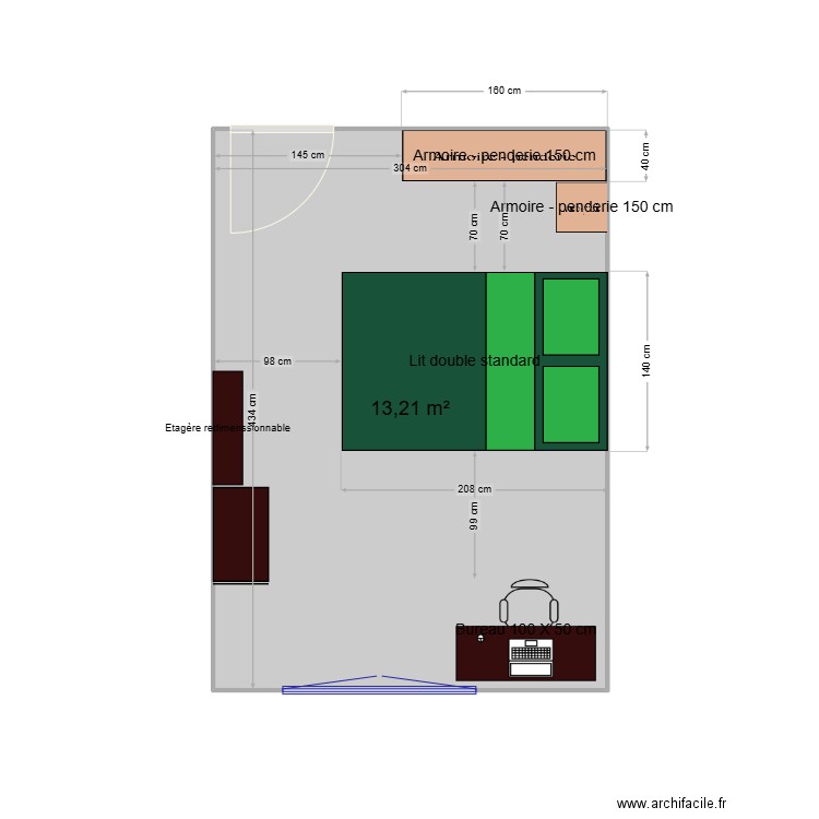 Chambre Bureau. Plan de 1 pièce et 13 m2