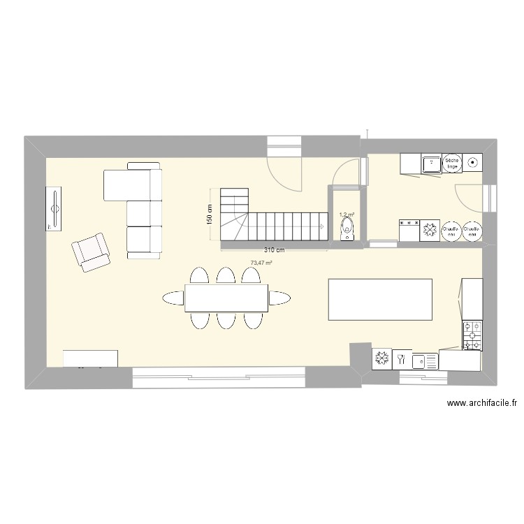 mulotiere. Plan de 2 pièces et 75 m2