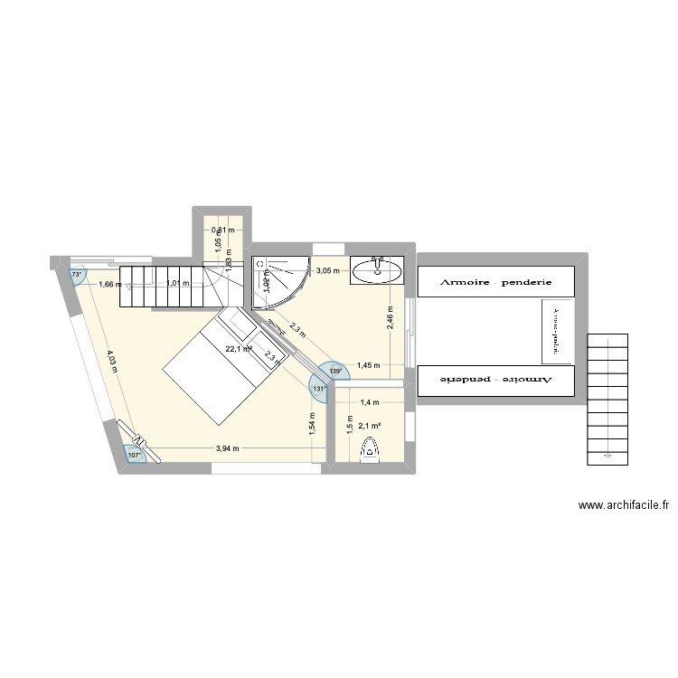 suite. Plan de 2 pièces et 24 m2